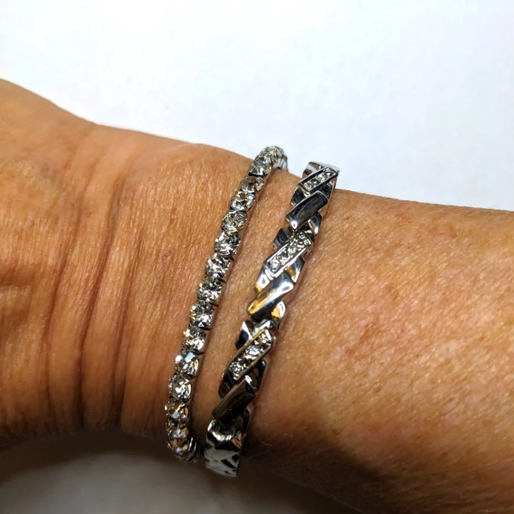 Silver-Tone‎ Rhinestone Bracelet Stretch & Metal Rhinestone Bracelet Set